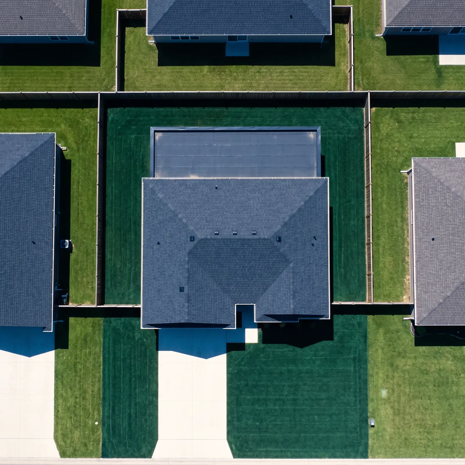 Overhead view of a house and its new rear addition set inside the lot lines