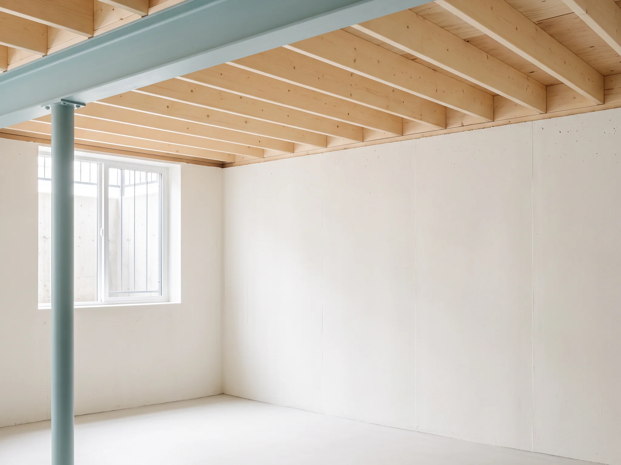 Steel beam carried on a single post under the floor joists, where a bearing wall used to run