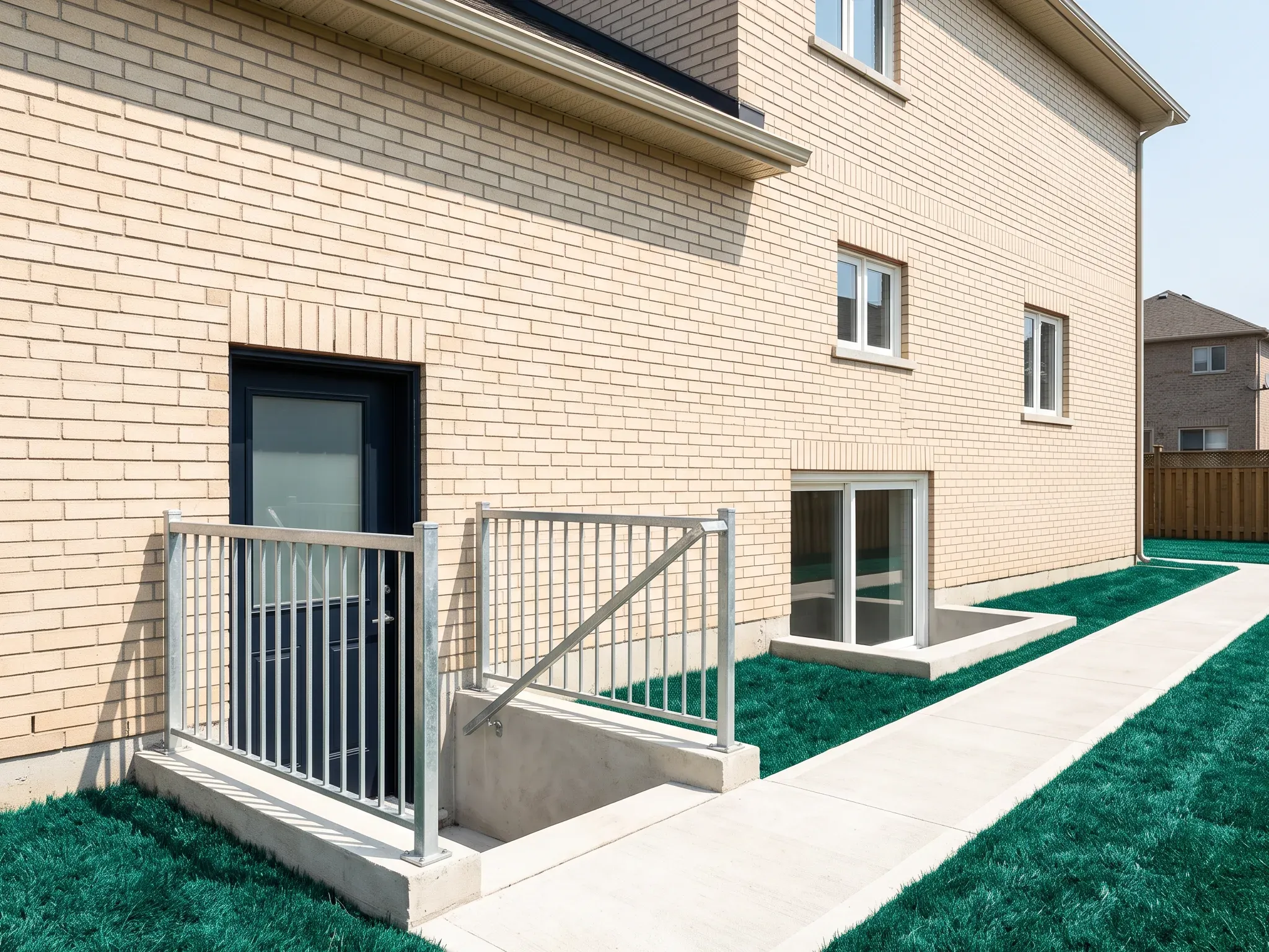 Separate entrance stair down to a basement suite beside an enlarged window