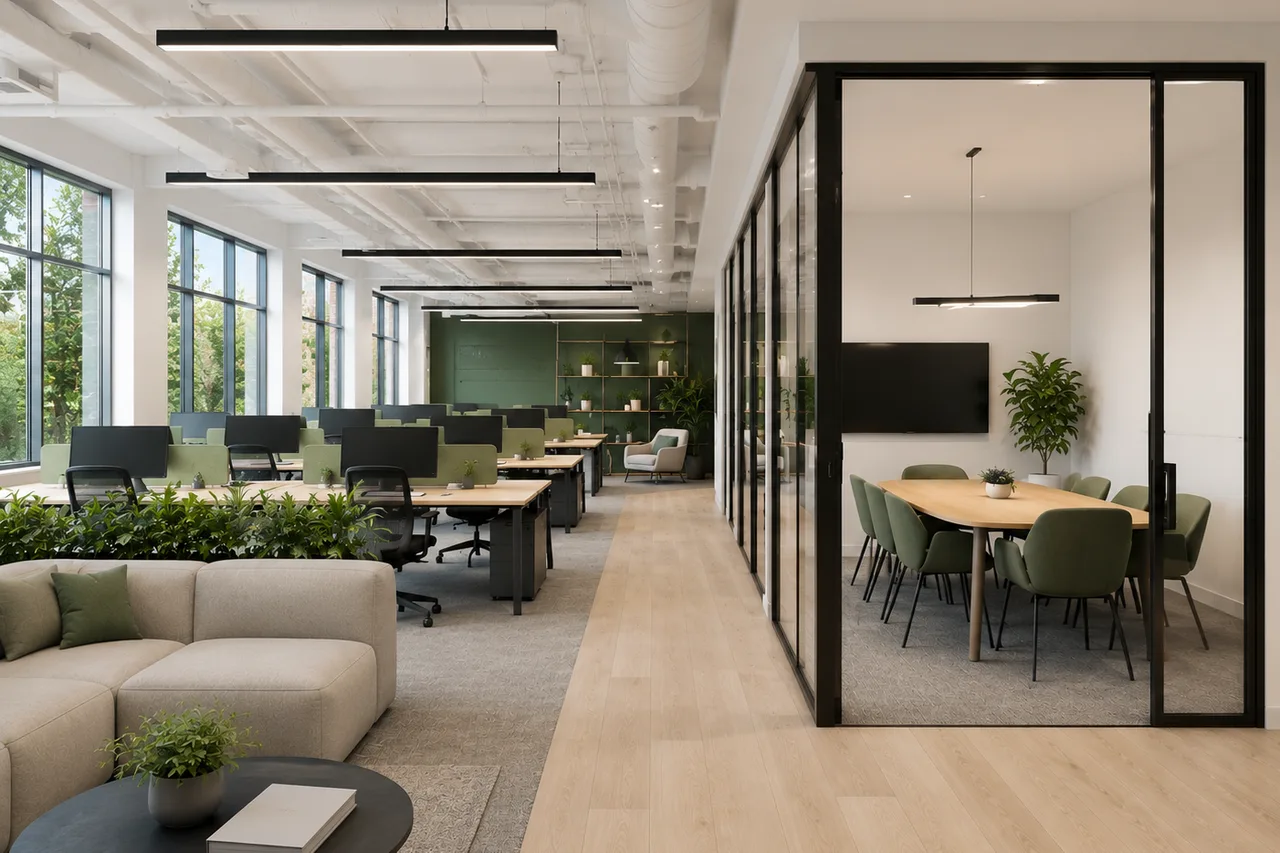 Open-plan commercial office with a glass-walled meeting room