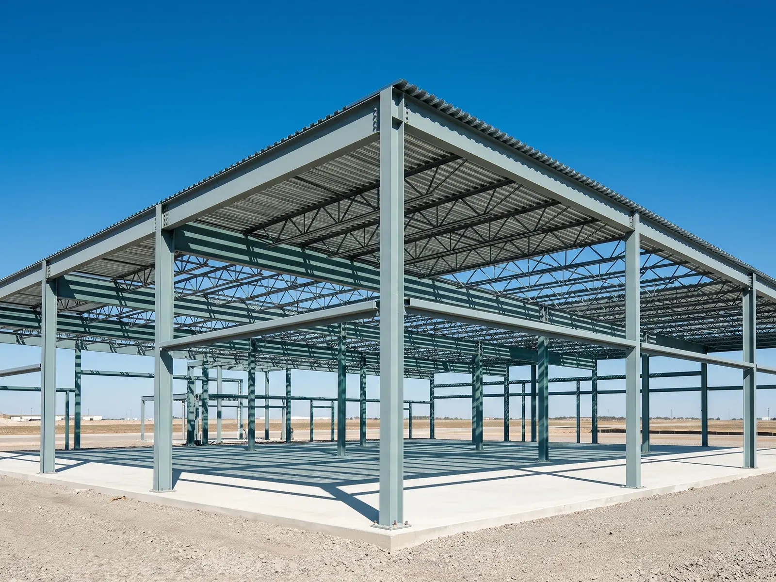 Structural steel frame of a single-storey commercial building with open-web joists