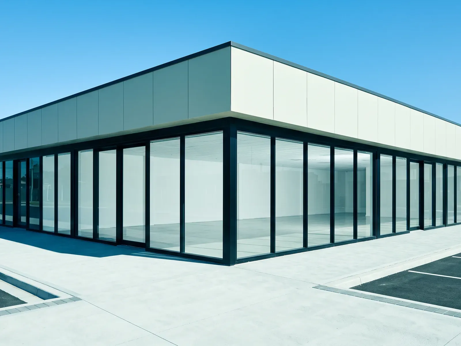 Corner commercial unit wrapped in full-height storefront glazing