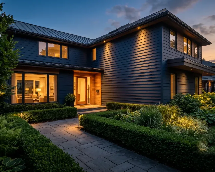 Two-storey house with dark siding and lit windows at dusk