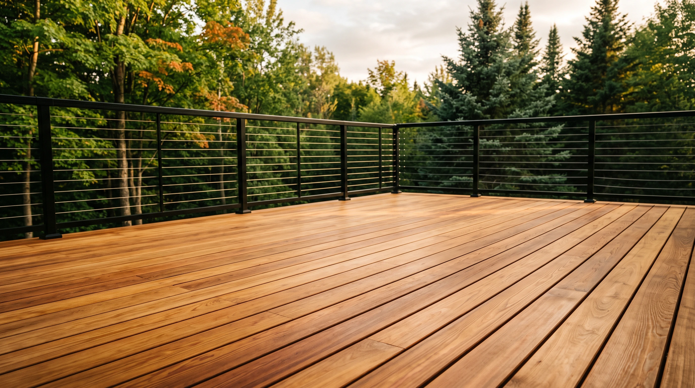 Wood deck with cable railings above a treed yard