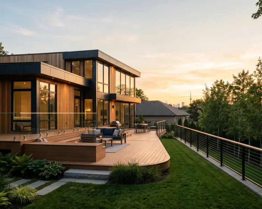 Curved composite deck with cable railings behind a modern house at sunset