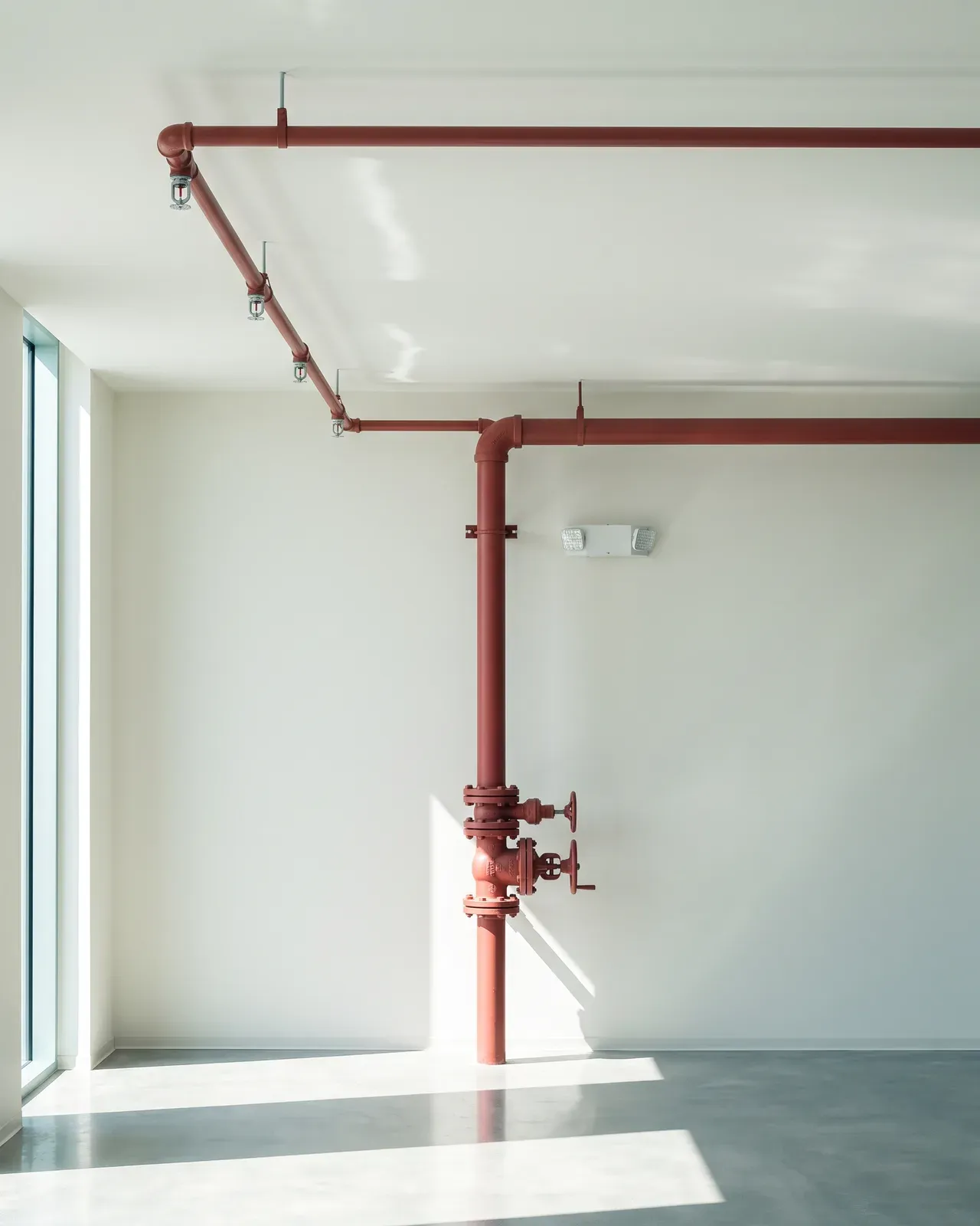 Red fire-sprinkler riser and branch main in a commercial space