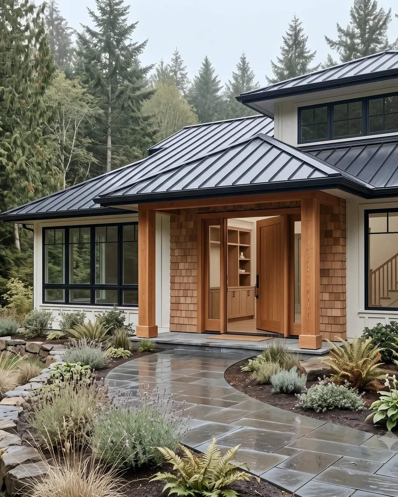 Cedar-clad entry addition with a standing-seam roof