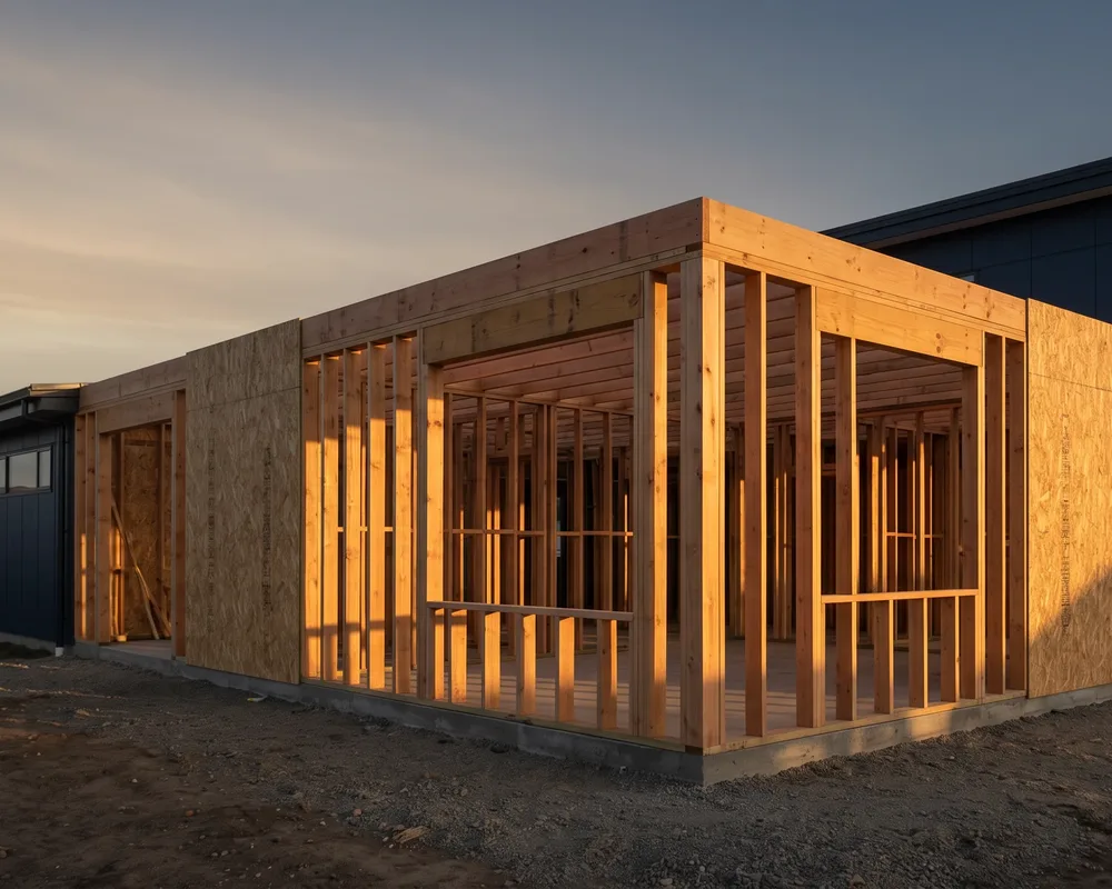 Timber-framed backyard suite under construction at golden hour
