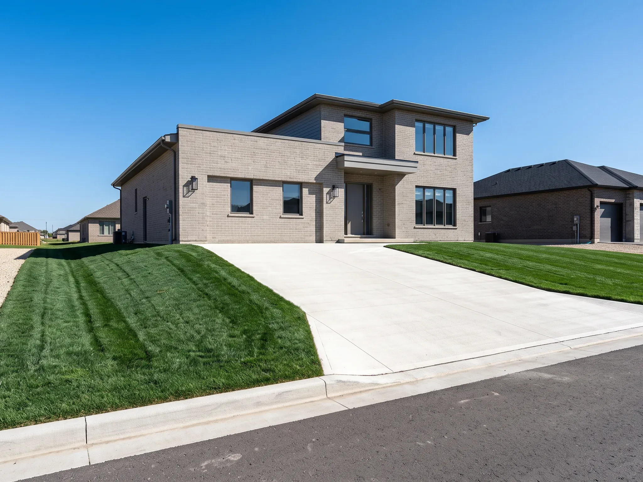 Freshly graded lot with a new concrete driveway rising to the house