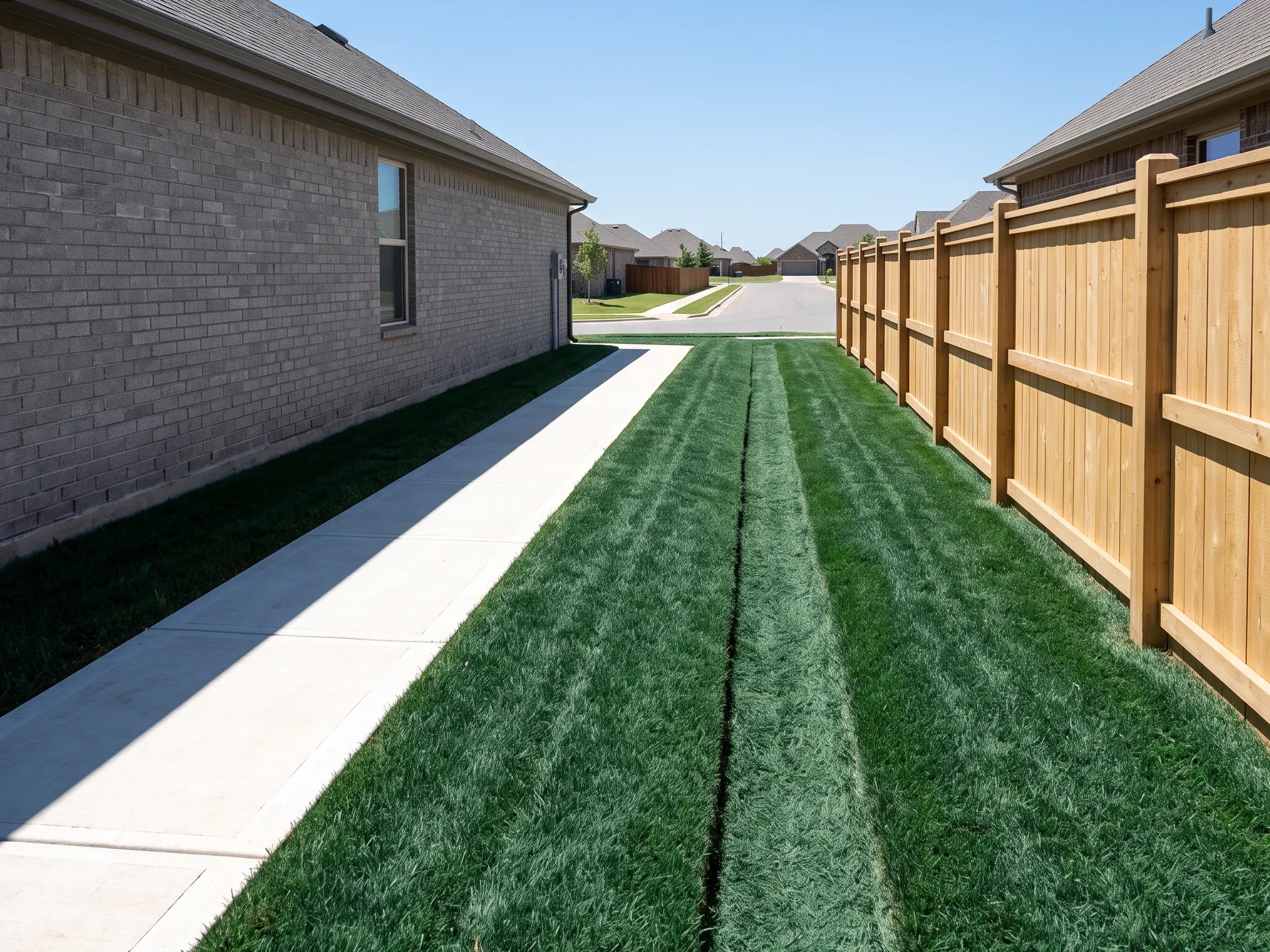 Freshly graded side yard with a grassed drainage swale