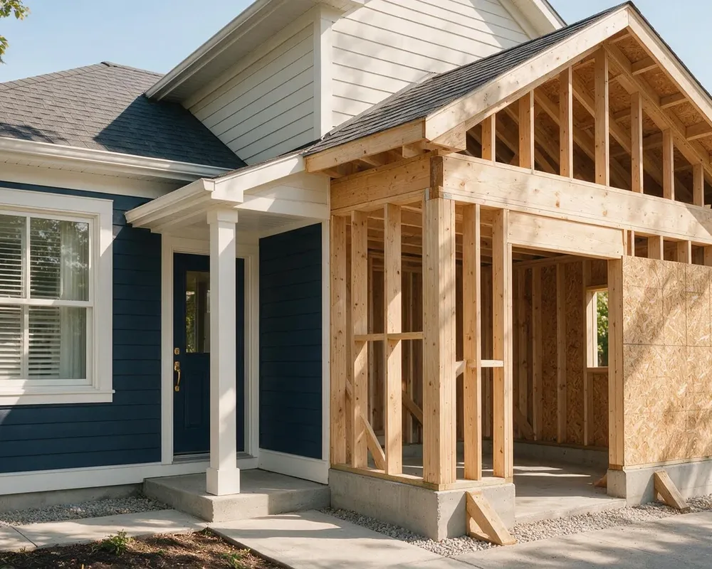Wood-framed addition going up against the side of a blue-sided house