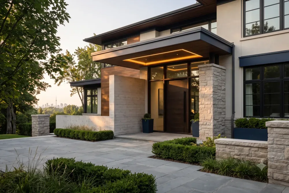 Stone-clad front entrance of a detached house