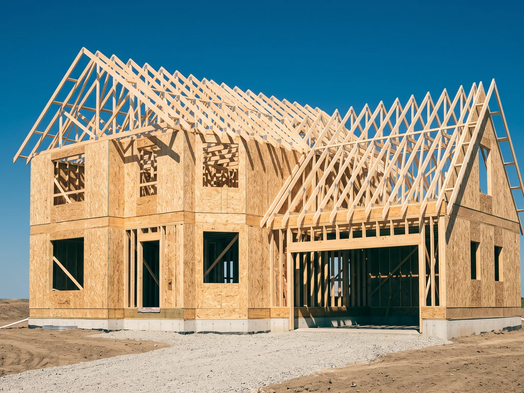 Two-storey house framed in new lumber with its roof trusses set