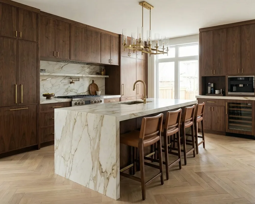 Renovated kitchen with walnut cabinetry and a marble waterfall island