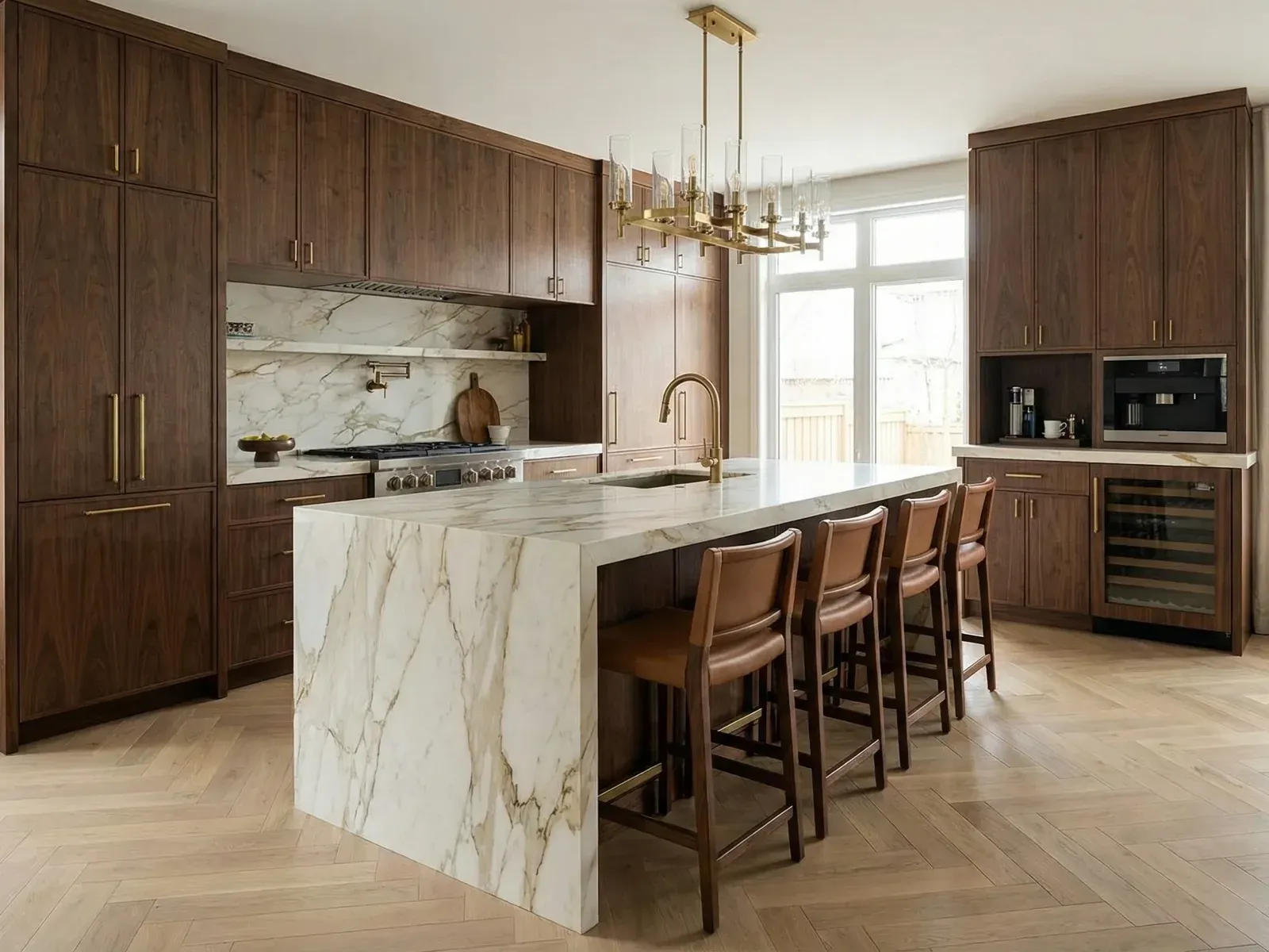 Walnut kitchen with a marble waterfall island and bar seating