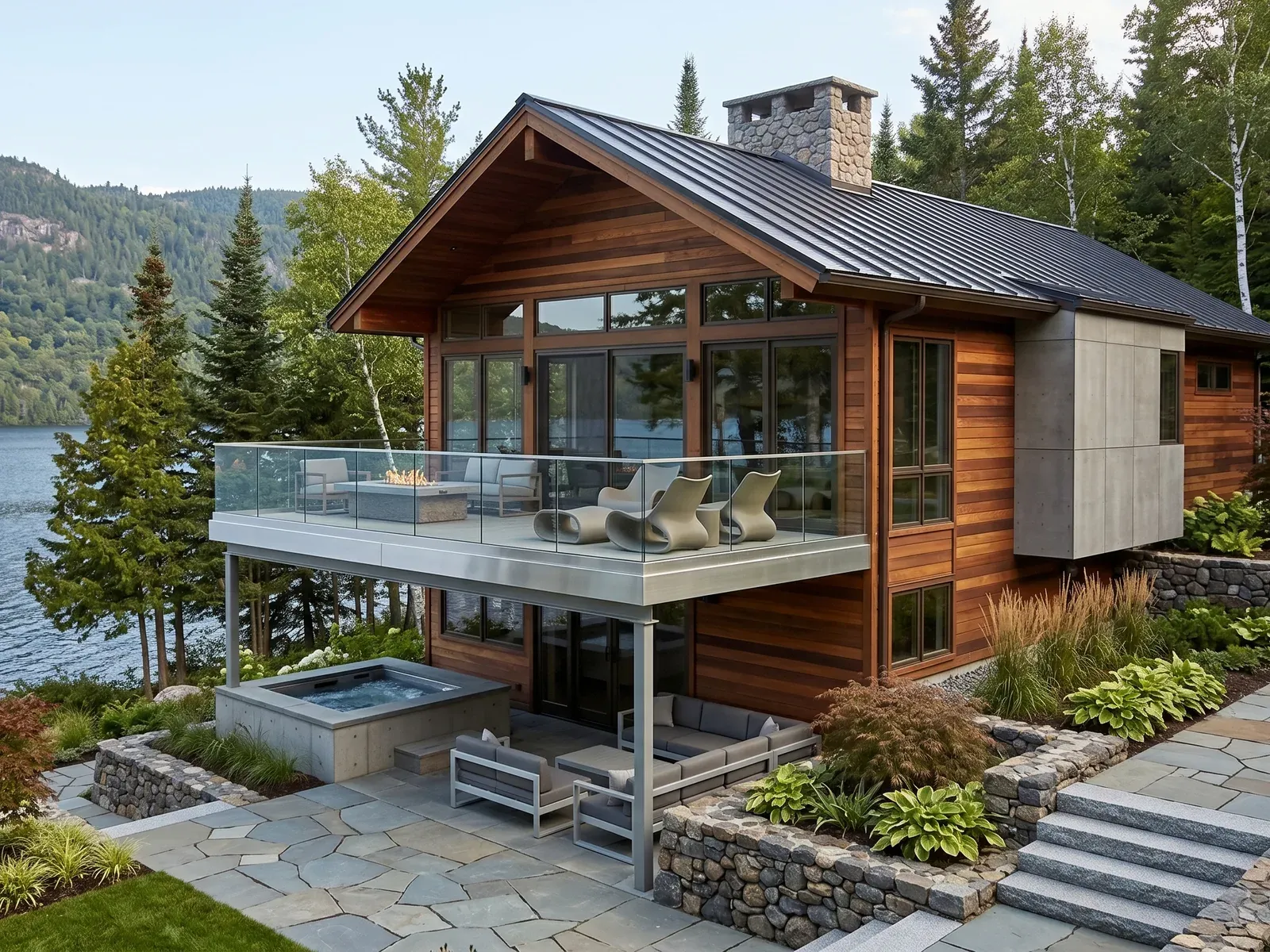 Lakeside deck and walkout with landscaping