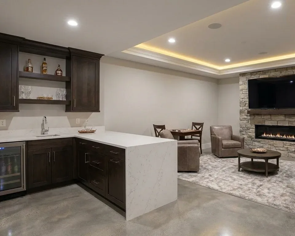 Finished basement suite with a kitchenette and a living area by a fireplace
