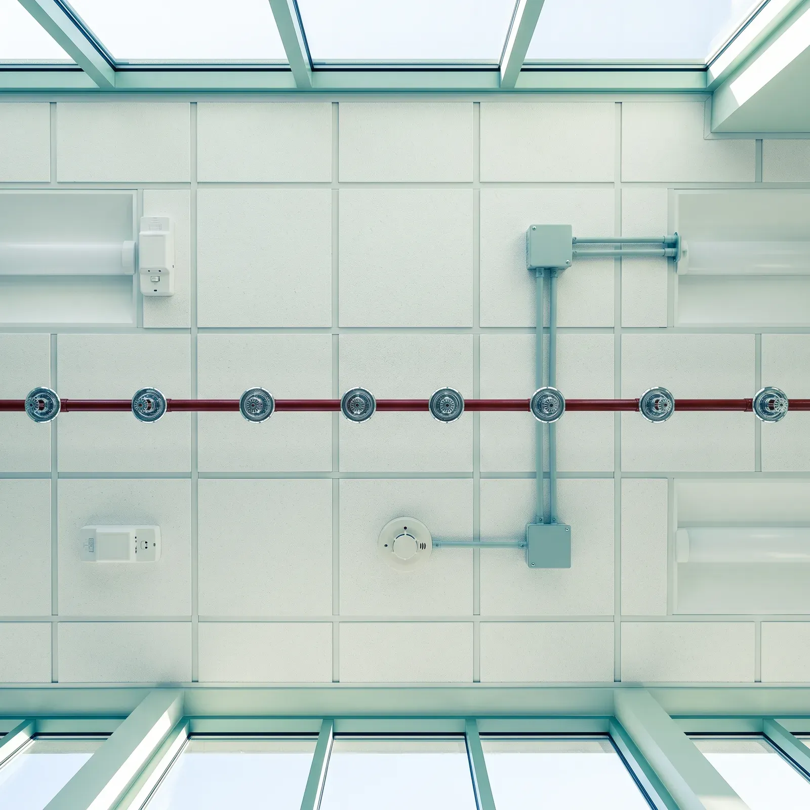 Commercial ceiling with sprinkler heads, emergency lights and a smoke detector