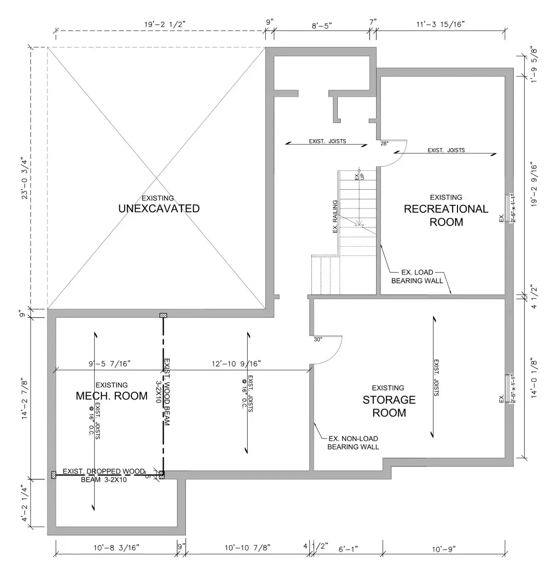 Existing basement floor plan with the mechanical room, storage and recreation room dimensioned