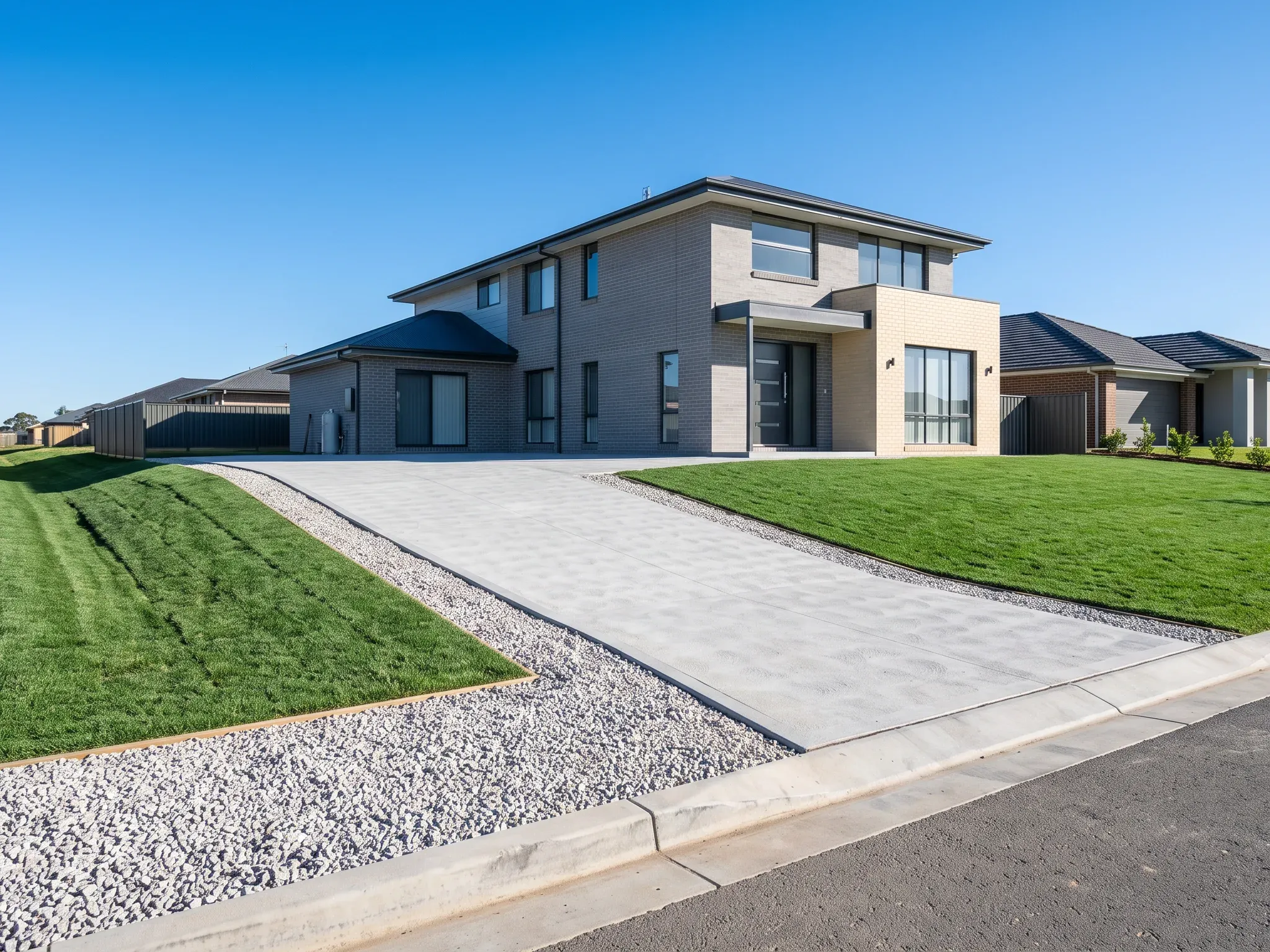 New two-storey house with a concrete driveway up a graded slope
