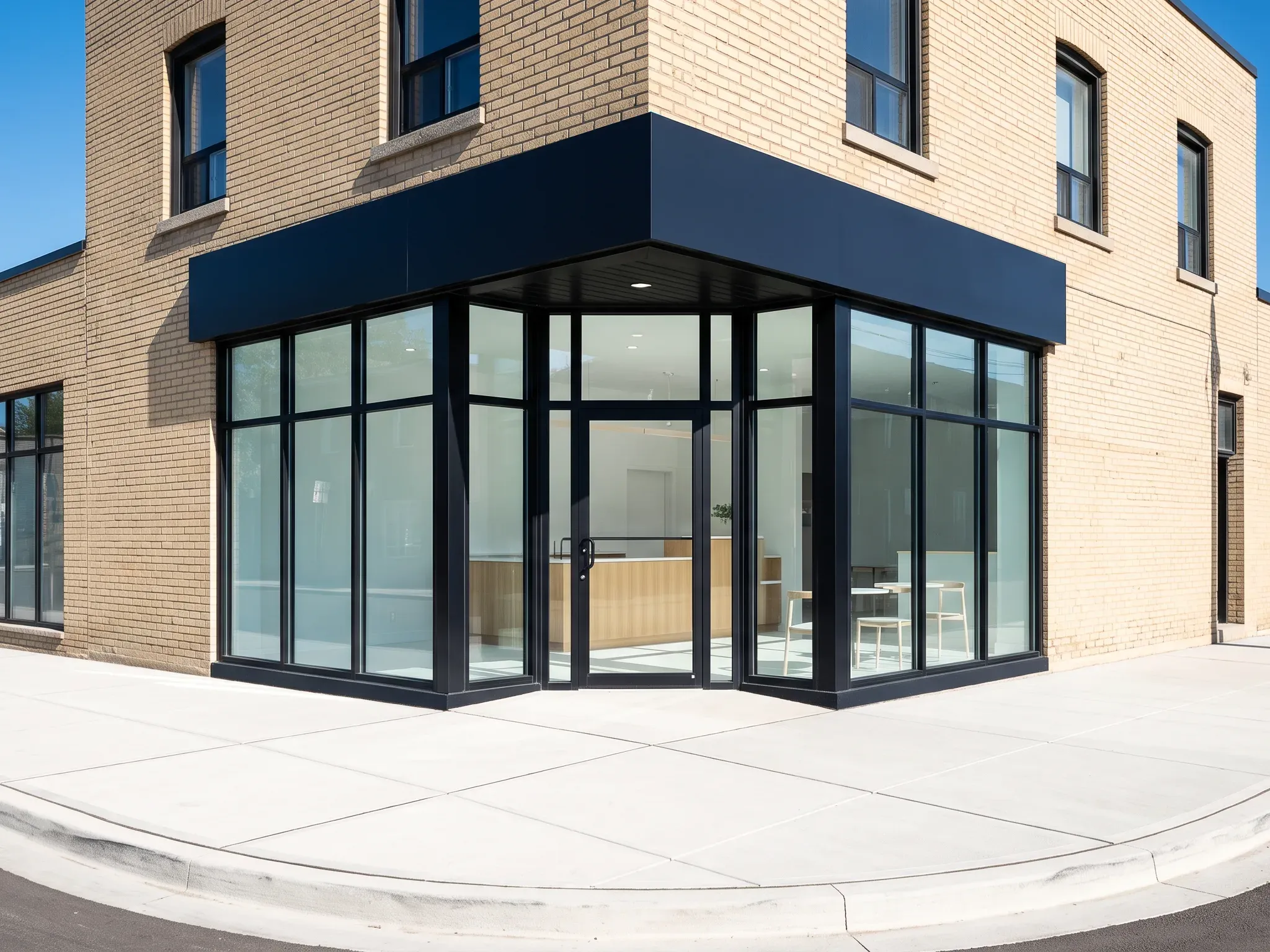 Corner brick building with new storefront glazing after a change of use