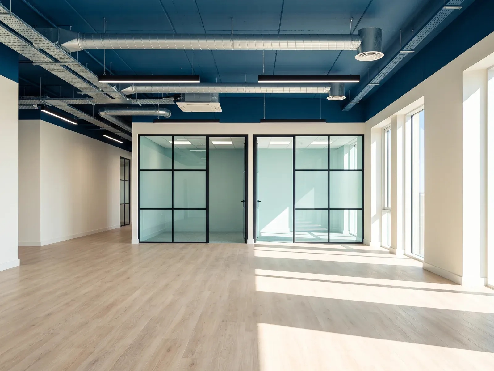 Open office floor with a glazed meeting room under an exposed ceiling