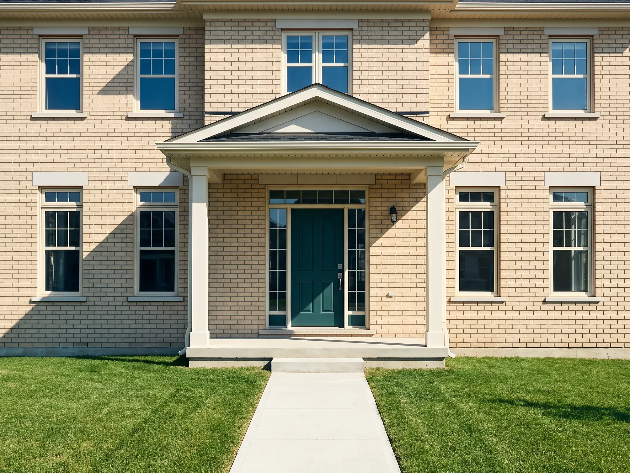 Pale brick house with a pedimented front entry