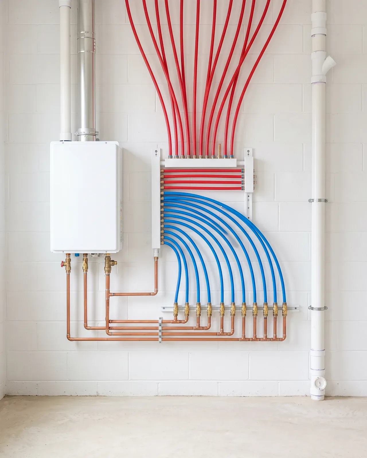 Plumbing manifold with red and blue supply lines beside a tankless water heater