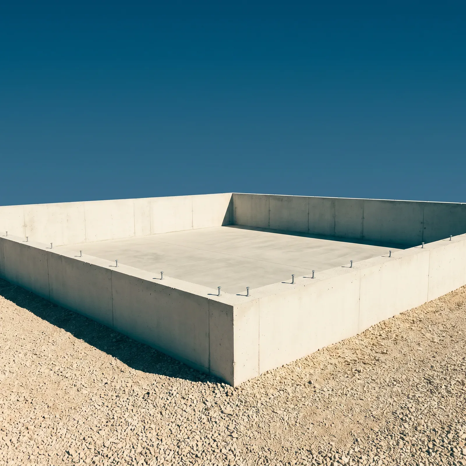 Newly poured concrete foundation walls with anchor bolts along the top