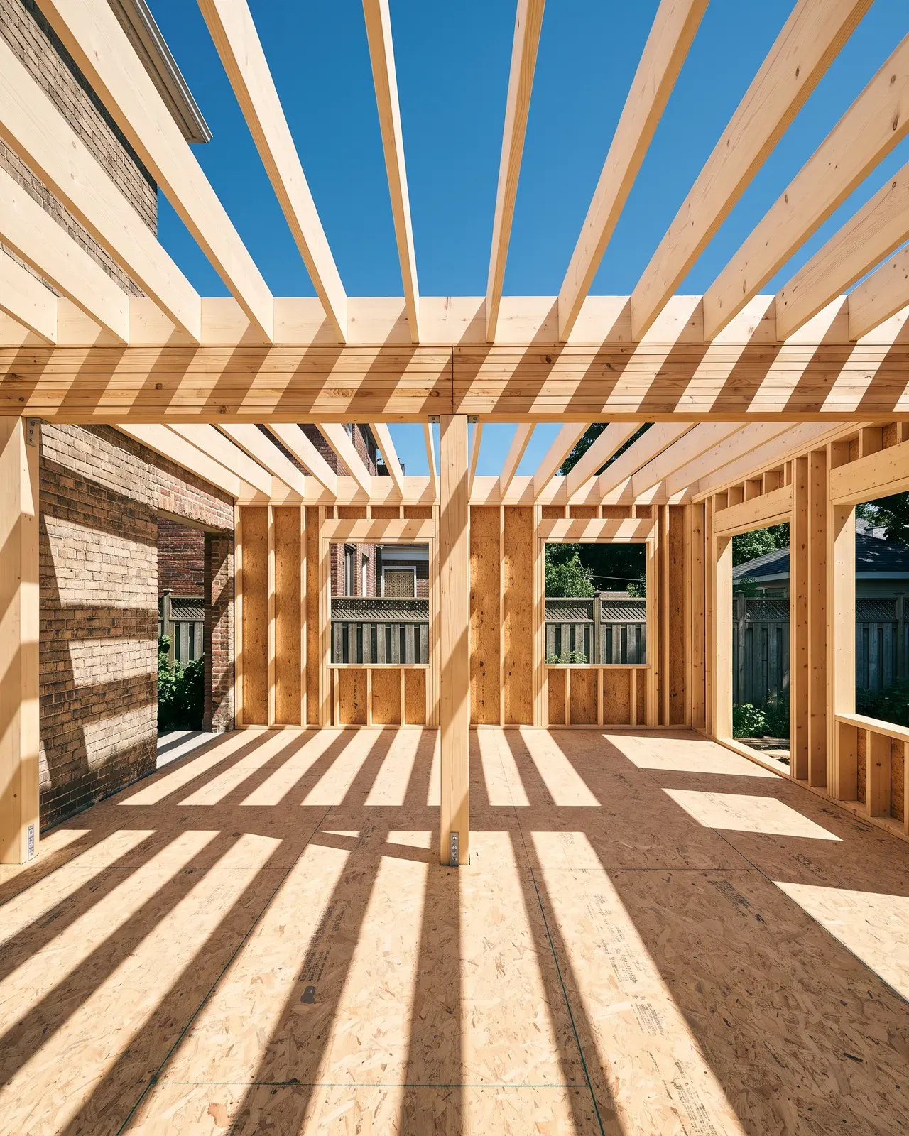 Floor joists of a rear addition bearing on a built-up wood beam