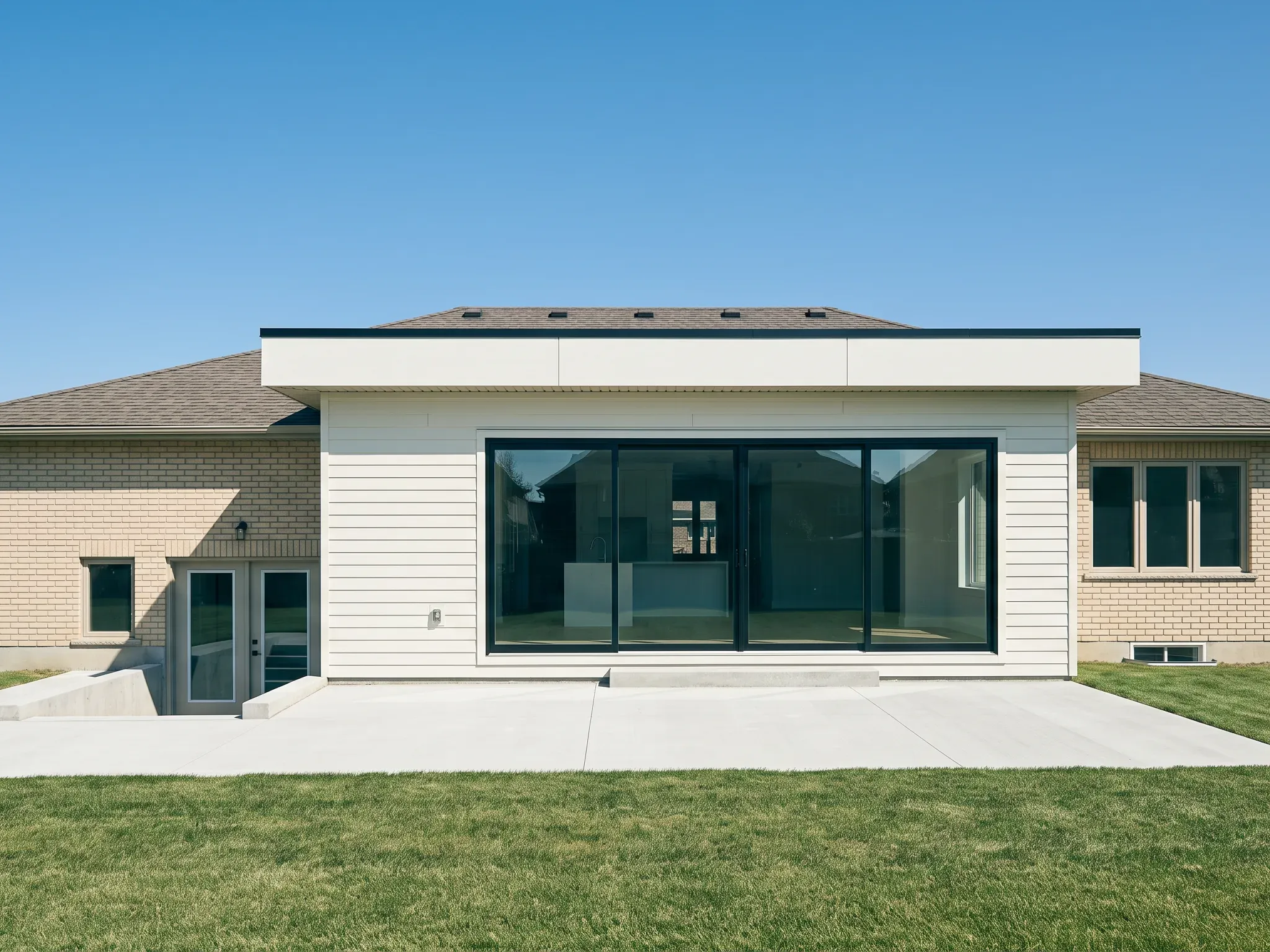 Rear addition with a wall of sliding glazing opening onto a concrete patio