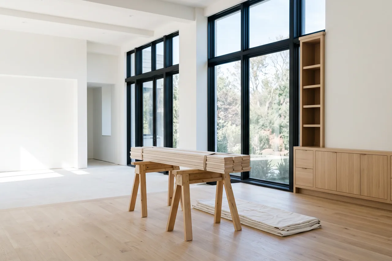 Bright, newly framed room mid-renovation with sawhorses on the floor