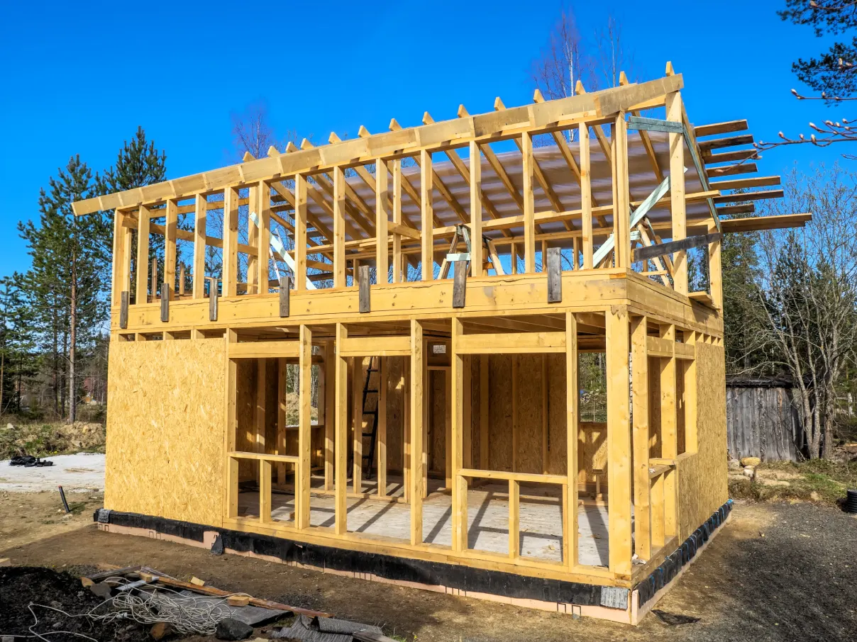 Timber-frame home addition under construction