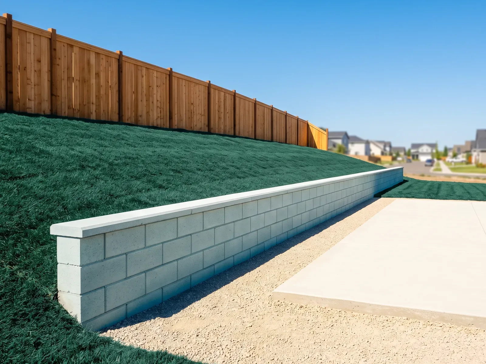 Precast block retaining wall above a gravel pad and a new concrete slab