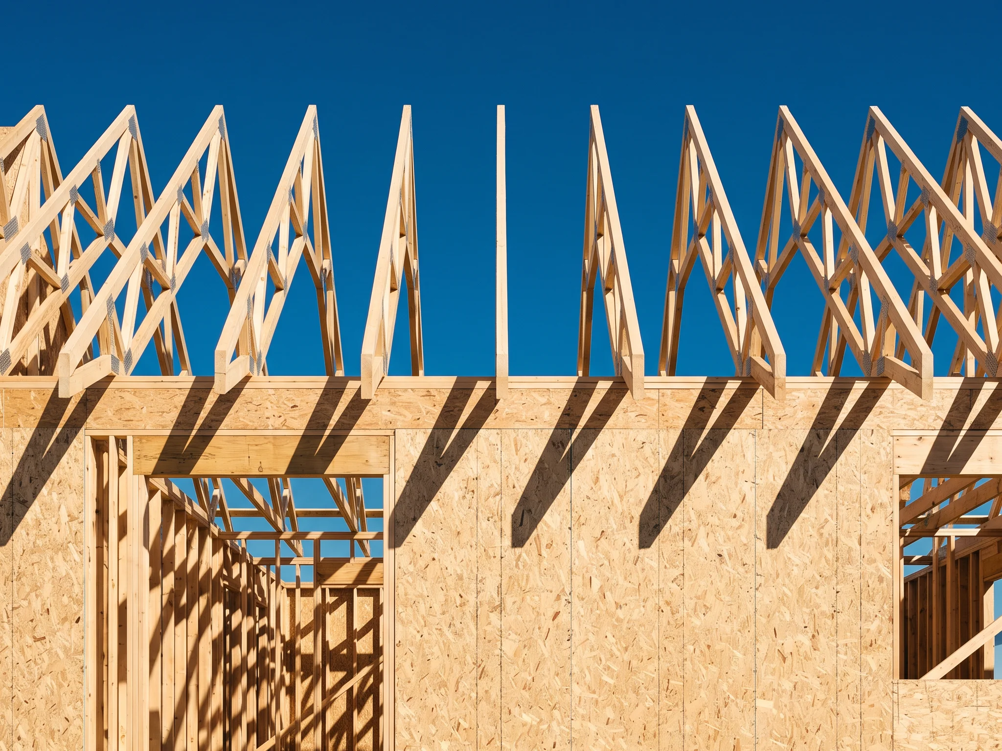 Roof trusses set on freshly sheathed walls against a clear sky