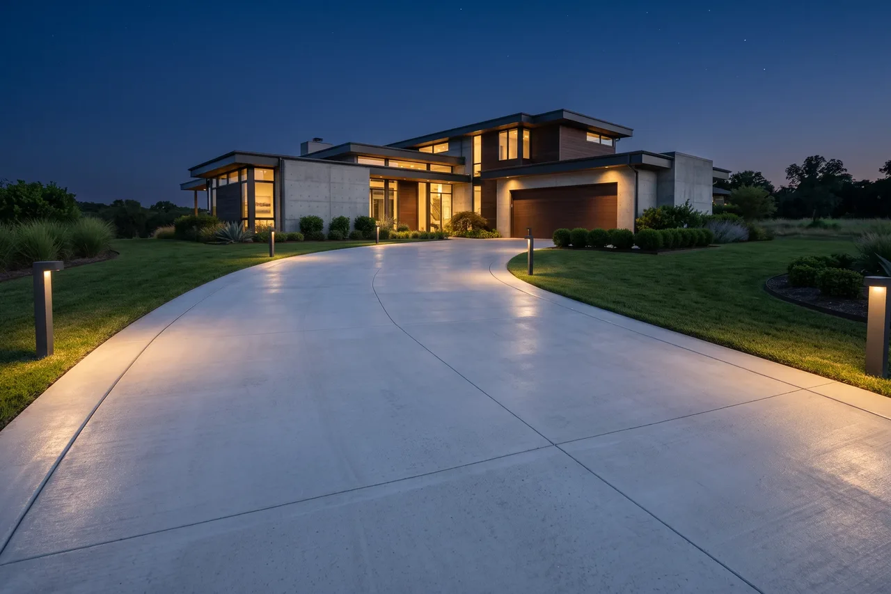 New concrete driveway curving up to a modern house at dusk