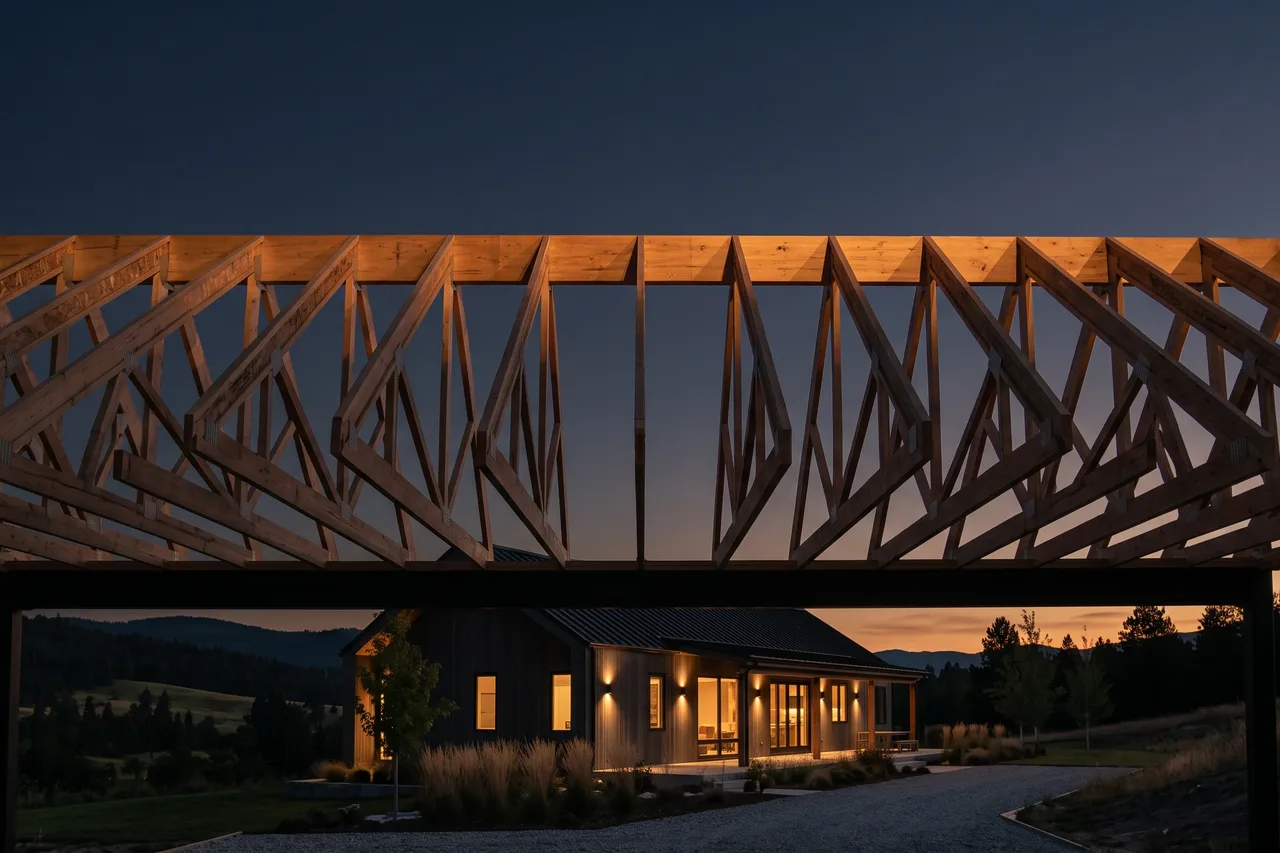 Roof trusses silhouetted against a dusk sky