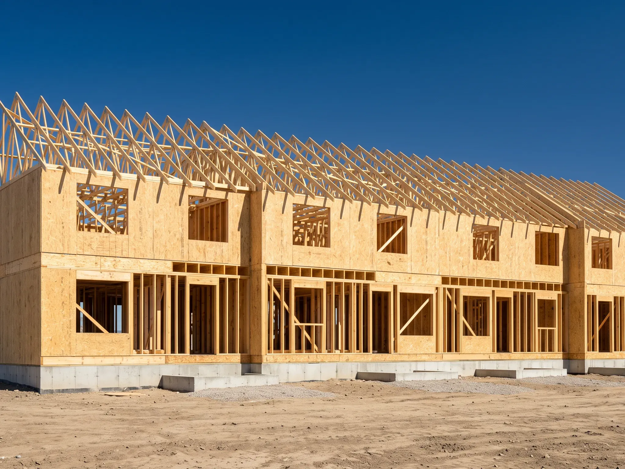 Row of three attached townhouses framed in new lumber