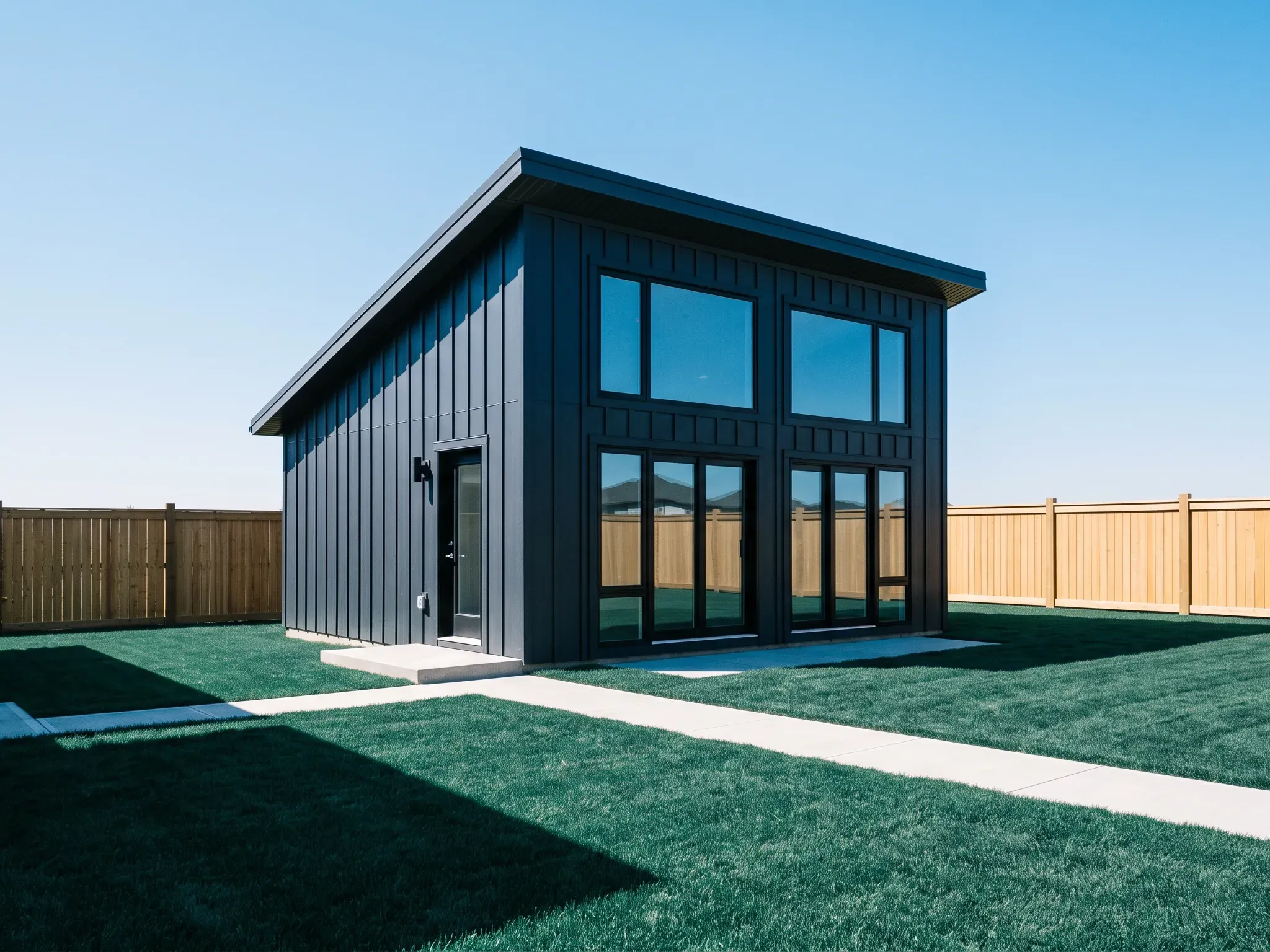 Two-storey garden suite clad in dark vertical boards at the back of a lot
