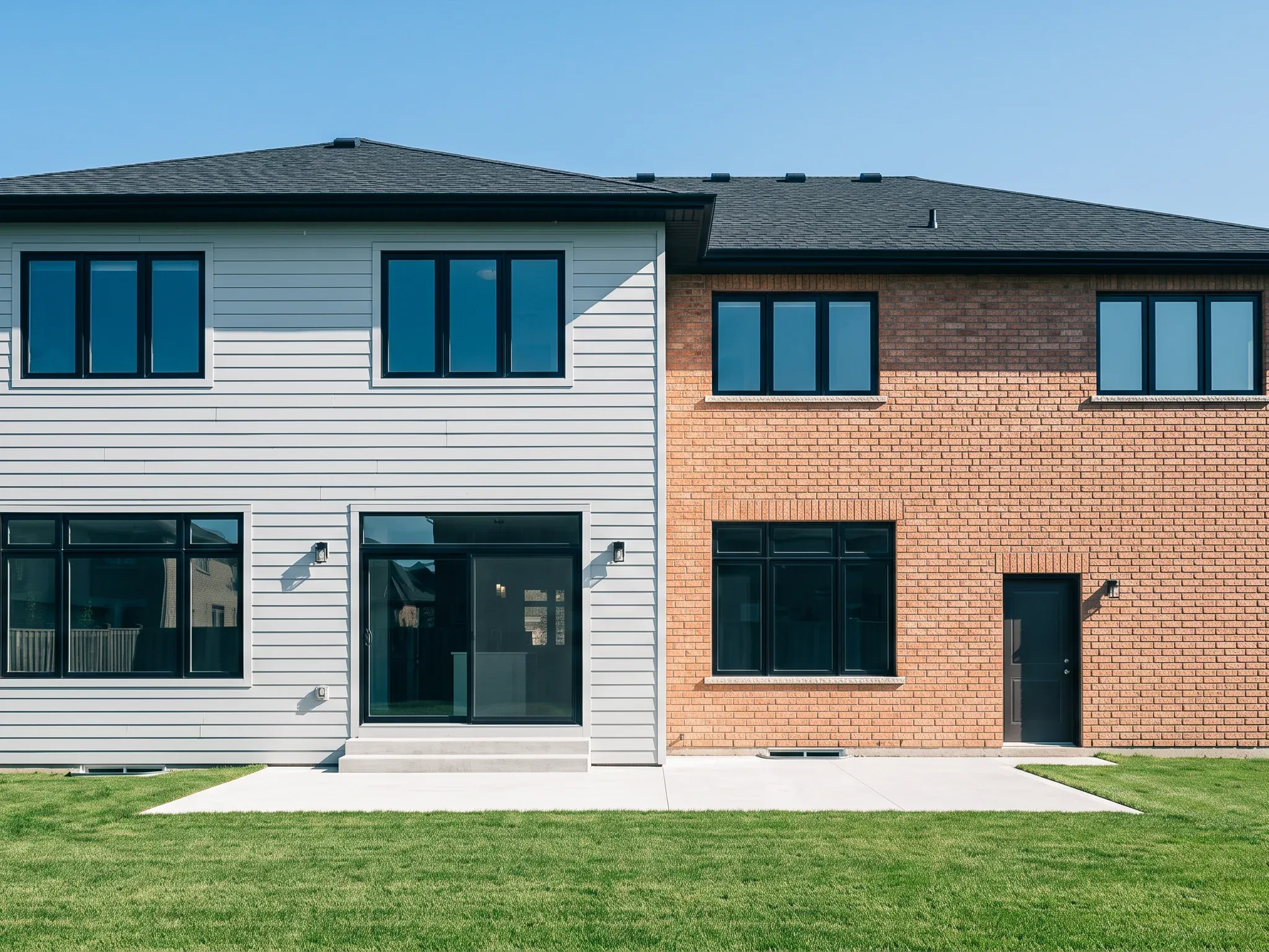 Two-storey rear addition clad in pale boards beside the original brick